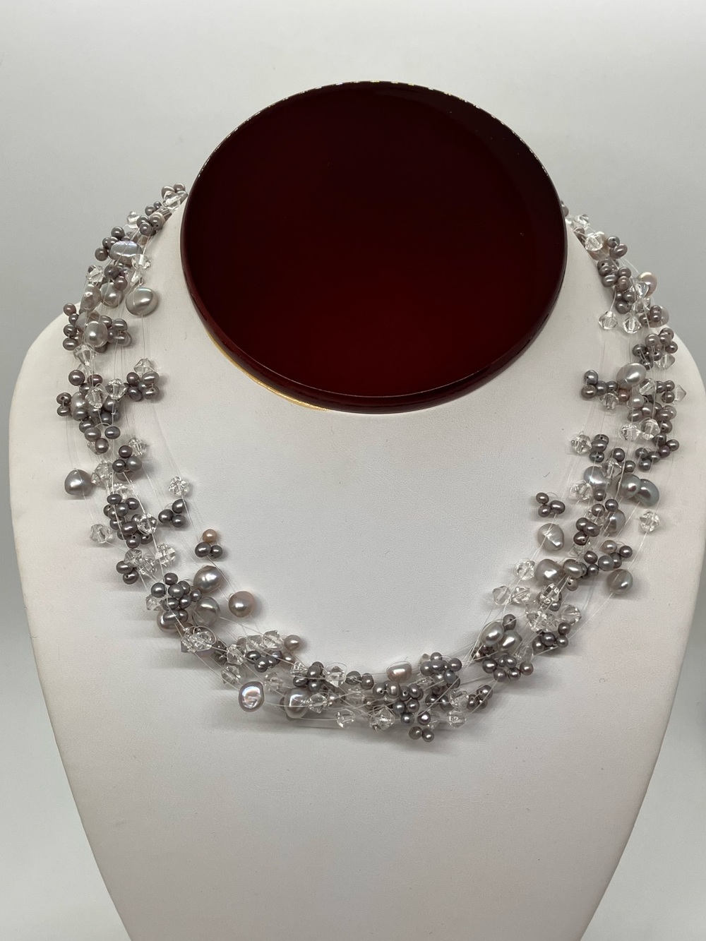 Vtg Pearl Quartz Illusion Multi Strand Floating Pearl Chocker Necklace 925 Clasp